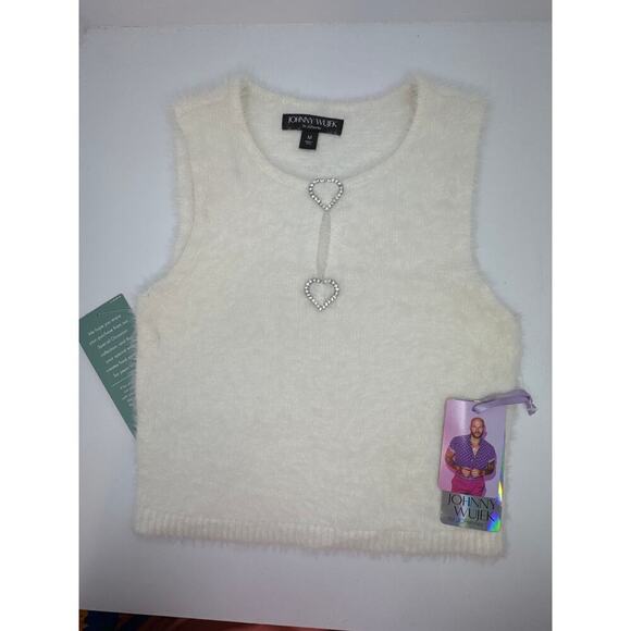 JCPenny Juniors Fuzzy Knit Top Medium Cream Rhinestone Heart Closure NEW - Picture 5 of 9